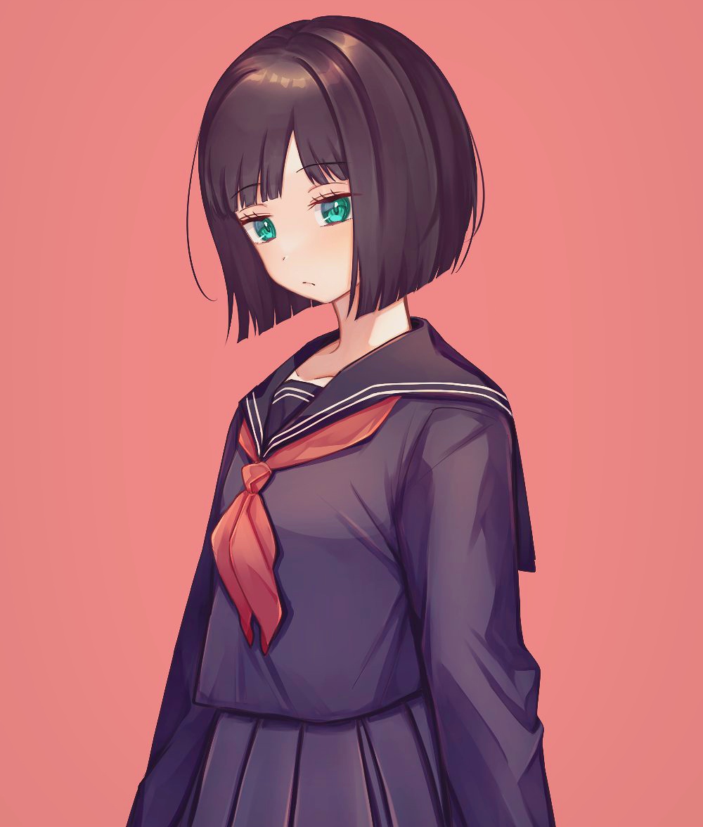 1girl arms_at_sides black_hair black_serafuku black_skirt blush bob_cut frown inverted_bob kon_yuka long_sleeves looking_at_viewer miniskirt neckerchief pleated_skirt red_background red_neckerchief school_uniform serafuku short_hair simple_background skirt skirt_set solo upper_body user_szdt4488 world_trigger