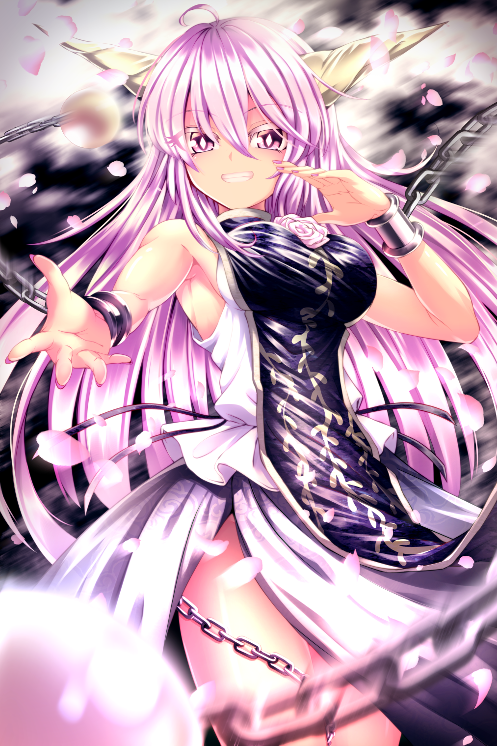 1girl ahoge armpits ball_and_chain_restraint breasts chain cuffs dress flower grin hair_between_eyes highres horns ibaraki_kasen large_breasts long_hair motion_blur nomayo oni petals pink_eyes pink_hair rose shackles side_slit sleeveless smile spoilers tabard touhou very_long_hair wild_and_horned_hermit