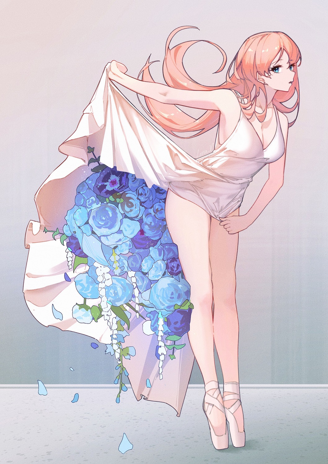 1girl bare_legs bare_shoulders blue_eyes blue_flower breasts cleavage clothes_lift dress dress_lift dress_tug evening_gown floating_hair flower full_body grey_background high_heels highres leaning_to_the_side legs_together leria_v lifting_own_clothes long_dress long_hair looking_at_viewer medium_breasts orange_hair original parted_bangs parted_lips purple_flower raised_eyebrows sidelocks simple_background skirt skirt_hold skirt_lift sleeveless sleeveless_dress solo standing straight_hair thighs tiptoes white_dress