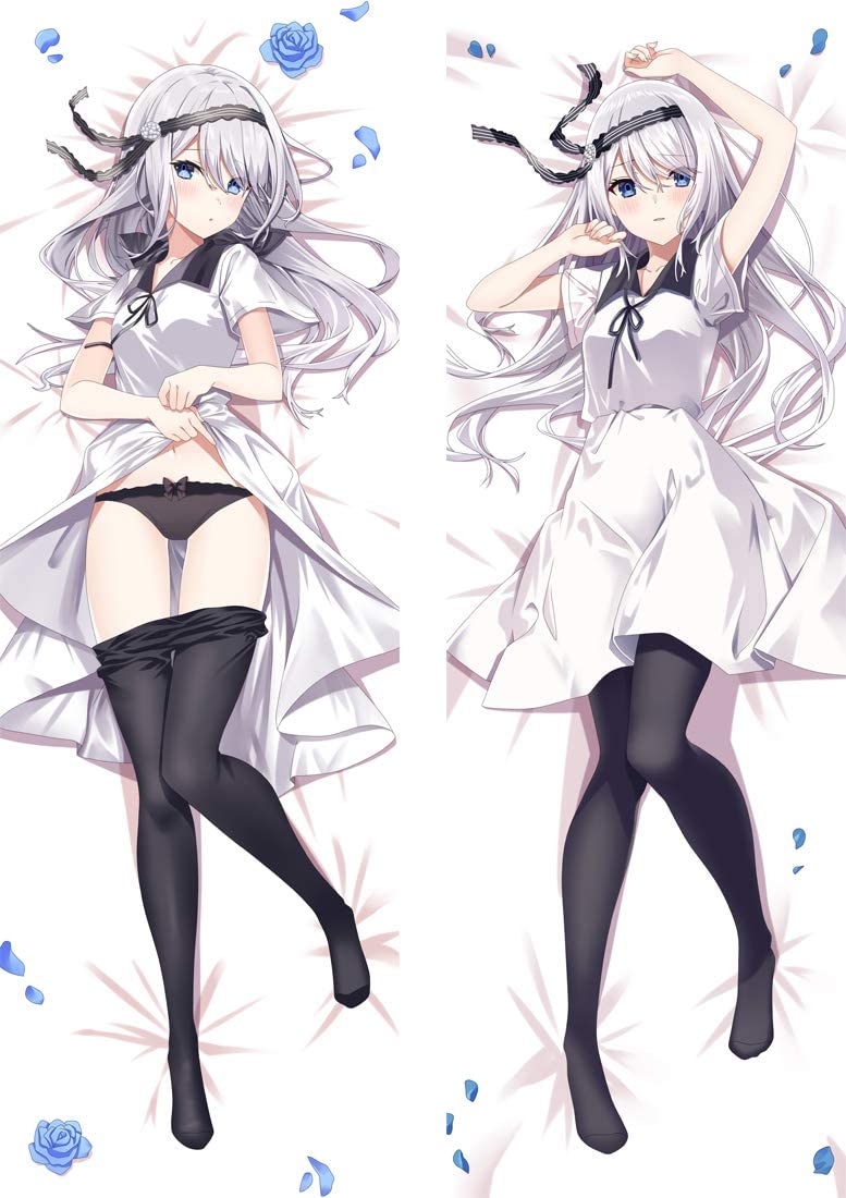 1girl arm_up bed_sheet black_hairband black_panties black_ribbon blue_eyes blue_flower blue_rose blush breasts clothes_lift collarbone commentary_request dakimakura_(medium) dress eyebrows_hidden_by_hair flower full_body hair_between_eyes hair_ornament hairband hand_up kaguya-sama_wa_kokurasetai_~tensai-tachi_no_renai_zunousen~ long_hair looking_at_viewer lying medium_breasts multiple_views neck_ribbon panties pantyhose pantyhose_around_legs parted_lips petals ribbon rose rose_petals sailor_collar school_uniform shirogane_kei shirt_lift short_sleeves shuuchiin_academy_school_uniform silver_hair summer_uniform swept_bangs teeth third-party_source two-tone_dress underwear undressing white_dress yuya_(night_lily)