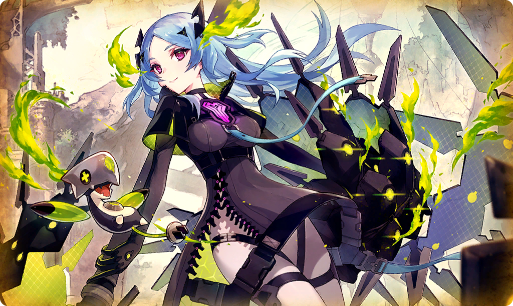 1girl aqua_hair closed_mouth commentary_request cowboy_shot fire floating_hair grantepieu_(phantom_of_the_kill) green_fire hair_ornament long_hair long_sleeves looking_at_viewer official_art pantyhose parted_bangs phantom_of_the_kill purple_eyes sidelocks skin_tight smile solo ta_ga_tame_no_alchemist third-party_source white_pantyhose