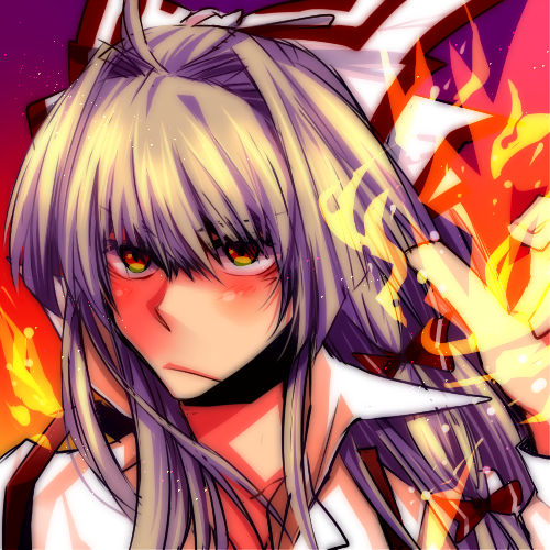 1girl 91 91_(ichi0630) bad_id bad_pixiv_id blush female_focus fire fujiwara_no_mokou lowres portrait solo touhou