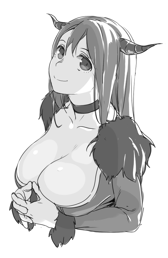 1girl aouma bad_id bad_pixiv_id breasts choker cleavage fur_trim greyscale horns interlocked_fingers large_breasts long_hair looking_at_viewer low_neckline maou_(maoyuu) maoyuu_maou_yuusha monochrome smile solo