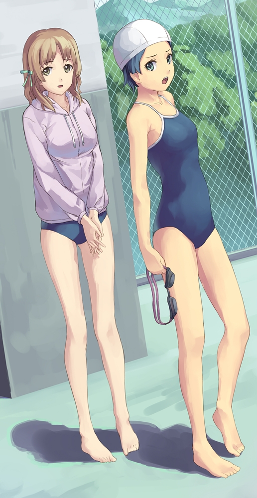 10s 2girls ano_natsu_de_matteru barefoot blue_eyes blue_hair brown_eyes brown_hair chain-link_fence competition_school_swimsuit eichisu feet fence goggles hood hoodie kitahara_mio long_hair long_legs multiple_girls one-piece_swimsuit school_swimsuit short_hair swim_cap swimsuit swimsuit_under_clothes tanigawa_kanna