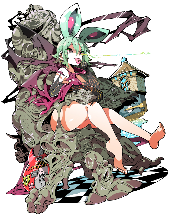 1girl :p animal_ears barefoot breasts green_hair grey_eyes guitar hair_between_eyes instrument kafun no_pants original piercing rabbit_ears short_hair sitting tagme tongue tongue_out tongue_piercing