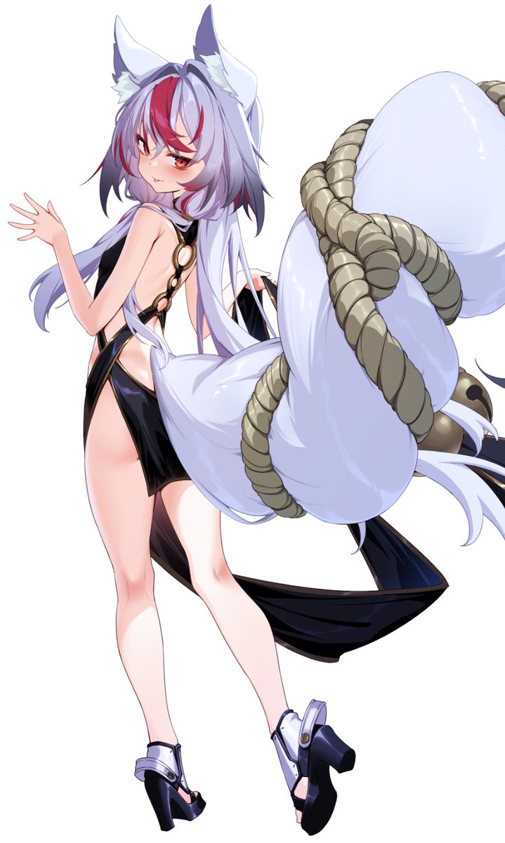 1girl animal_ear_fluff animal_ears bare_shoulders bell black_dress black_footwear blush breasts dress fox_ears fox_girl fox_tail grey_hair high_heels highres long_hair multicolored_hair ninsaki_(9saki) o-ring o-ring_dress original pelvic_curtain red_eyes red_hair rope simple_background sleeveless sleeveless_dress small_breasts solo streaked_hair tail tongue white_background