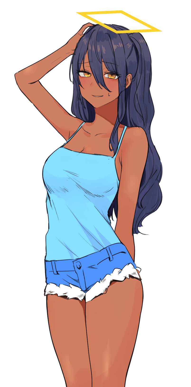 1girl agamemega alternate_hair_length alternate_hairstyle arm_up bare_shoulders blue_tank_top blush breasts cleavage collarbone commentary cowboy_shot dark-skinned_female dark_skin denim denim_shorts english_commentary hair_between_eyes halo highres light_blush light_smile long_hair looking_at_viewer original rectangular_halo short_shorts shorts simple_background sweatdrop tank_top thighs white_background yellow_eyes