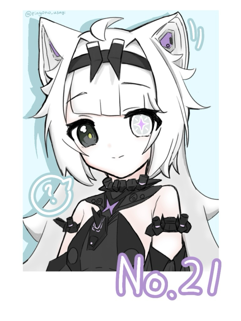 1girl ? ahoge animal_ears armlet black_bodysuit bodysuit character_name collar detached_sleeves grey_eyes hair_intakes heterochromia jewelry mechanical_ears mismatched_pupils no._21:_feral_scent_(pgr) no._21_(pgr) nutc4824 punishing:_gray_raven sidelocks solo spoken_question_mark symbol-shaped_pupils white_eyes white_hair wolf_ears