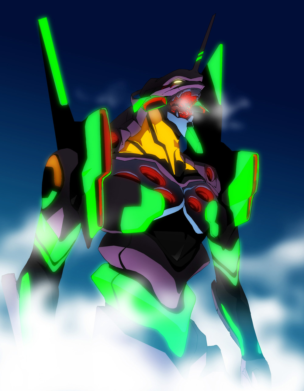 armor blue_background breath eva_01 fog from_below glowing glowing_eye highres hosaka_dx mecha neon_genesis_evangelion no_humans open_mouth rebuild_of_evangelion robot simple_background solo standing tongue yellow_eyes