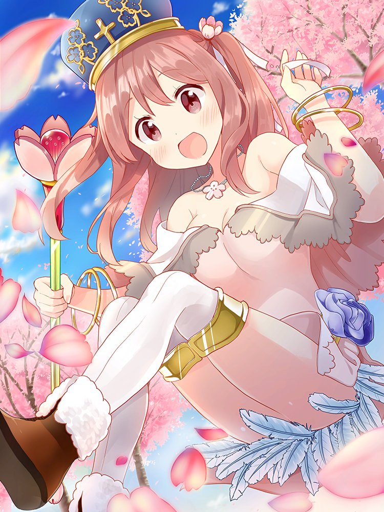 1girl boots breasts cherry_blossoms cloud crown falling_petals holding holding_wand jewelry kirara_fantasia necklace petals red_hair sakura_trick sky solo tachi_(gutsutoma) takayama_haruka thighhighs thighs wand