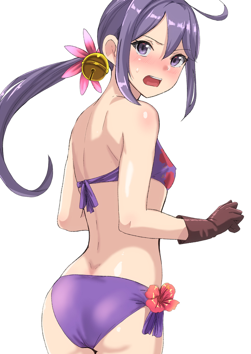 1girl akebono_(kancolle) akebono_kai_ni_(kancolle) alternate_costume ass bell bikini breasts brown_gloves flower gloves hair_bell hair_flower hair_ornament highres jingle_bell kantai_collection long_hair purple_bikini purple_eyes purple_hair side_ponytail simple_background small_breasts solo standing swimsuit tirasi_(so) white_background