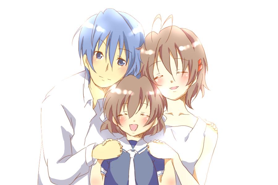 00s 1boy 2girls blue_eyes blue_hair brown_hair clannad closed_eyes dress family furukawa_nagisa hinaki_(yuzumonaka) holding_hands husband_and_wife multiple_girls okazaki_tomoya okazaki_ushio sailor_dress school_uniform short_hair