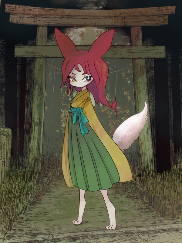 1girl animal_ears animal_feet black_eyes commentary_request digitigrade flaming_eye fox_ears fox_girl fox_tail full_body green_hakama hakama hakama_skirt heterochromia japanese_clothes keida_riiko kimono long_hair looking_at_viewer monster_girl original outdoors red_hair skirt solo standing tail torii yellow_eyes yellow_kimono