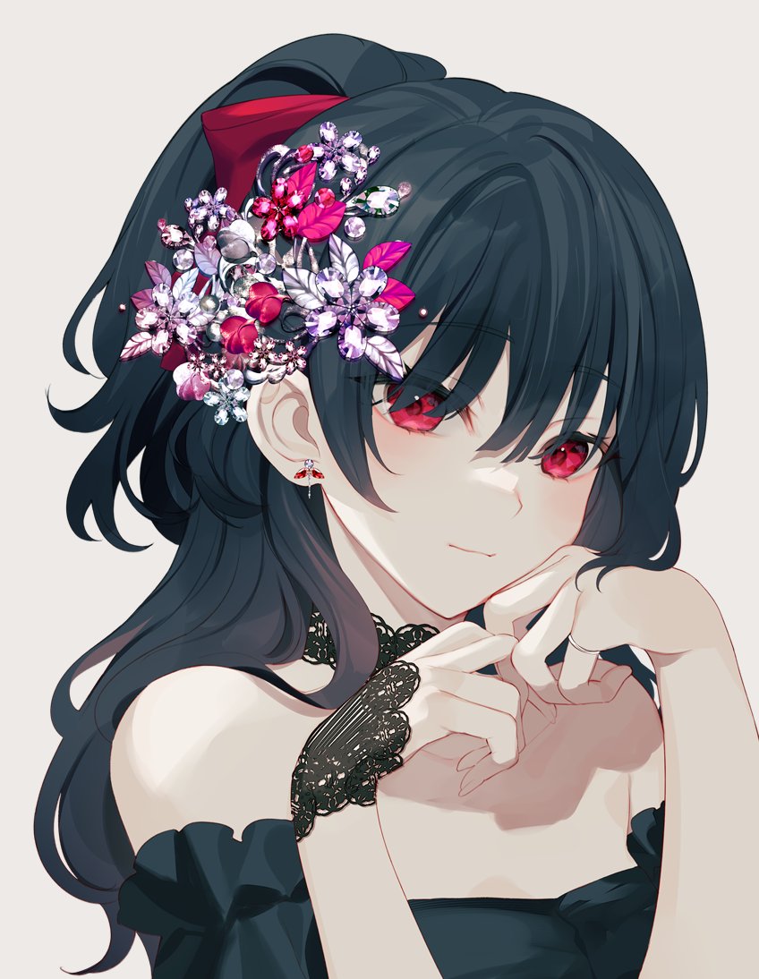 1girl :/ achiki black_choker black_dress black_hair bow choker dress flower flower_choker hair_between_eyes hair_flower hair_ornament hand_on_own_chin high_ponytail light_blush long_hair looking_at_viewer original portrait red_bow red_eyes simple_background solo white_background