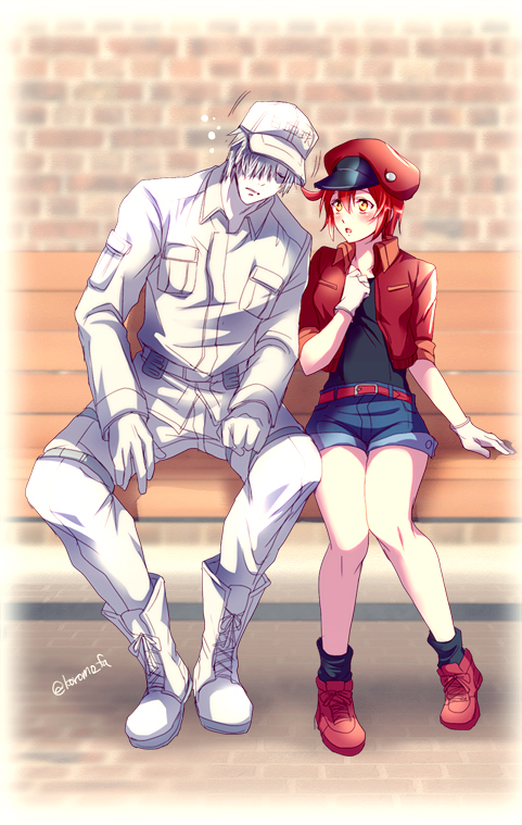 10s 1boy 1girl ae-3803 ahoge baseball_cap belt bench beret black_shirt blush boots cabbie_hat closed_eyes collared_shirt colored_skin cross-laced_footwear denim denim_shorts full_body gloves hair_over_one_eye hand_on_own_chest hat hataraku_saibou jacket knees_apart_feet_together knees_together_feet_apart koromo_(kinu) open_mouth pants red_blood_cell_(hataraku_saibou) red_footwear red_hair red_hat red_jacket shirt short_hair short_shorts shorts side-by-side sitting sleeping spiked_hair t-shirt twitter_username u-1146 white_blood_cell_(hataraku_saibou) white_footwear white_gloves white_hair white_hat white_shirt white_skin yellow_eyes