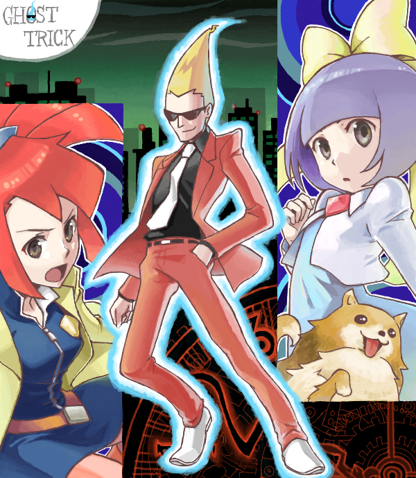 1boy 2girls bad_id bad_pixiv_id bibio blonde_hair bow formal_clothes ghost_trick hair_bow kamila_(ghost_trick) lynne_(ghost_trick) missile_(ghost_trick) multiple_girls necktie pants purple_hair red_hair red_pants sissel_(ghost_trick) suit sunglasses