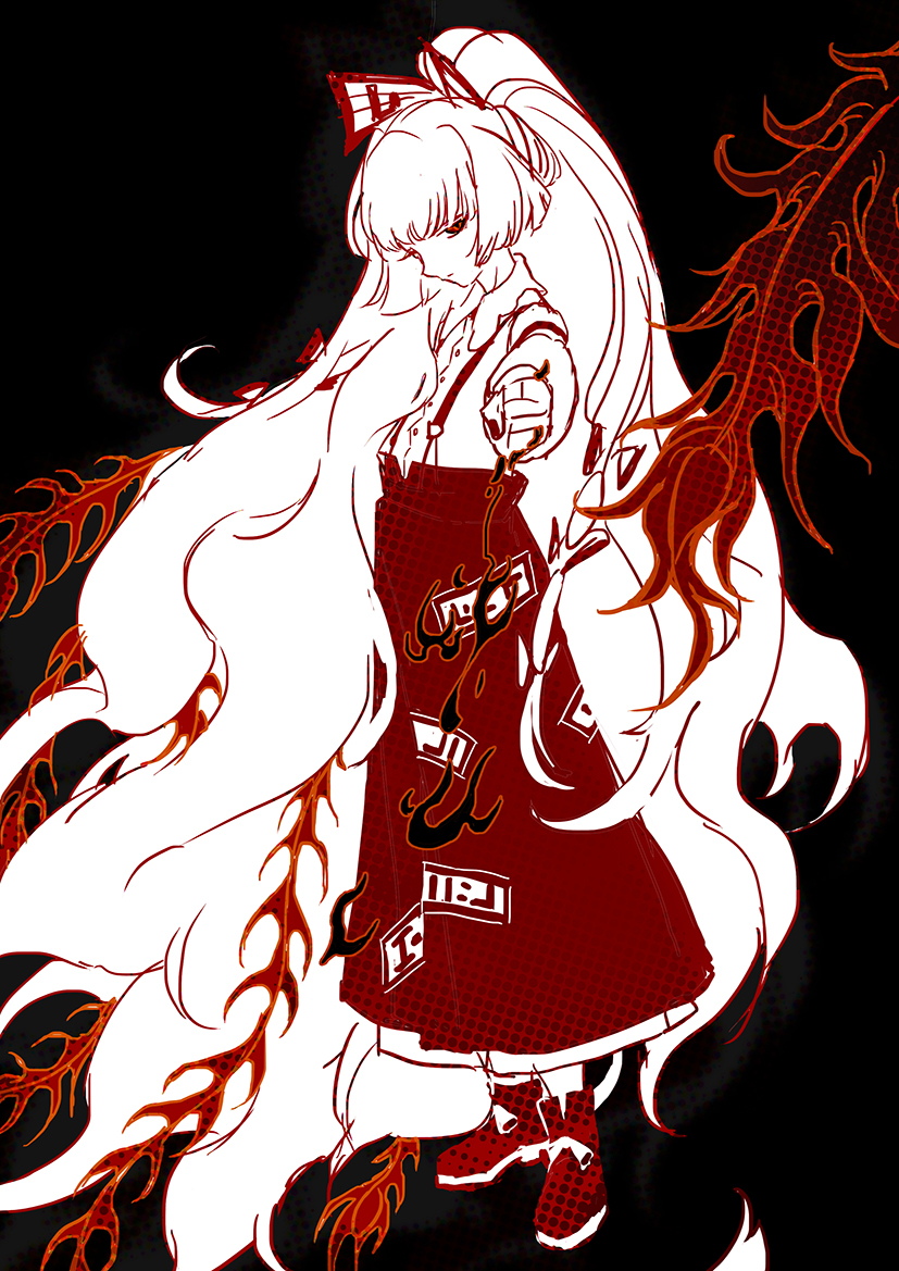 1girl :| absurdly_long_hair black_background blouse boots bow buttons closed_mouth collared_shirt expressionless fire footwear_bow fujiwara_no_mokou full_body hair_bow long_hair looking_at_viewer ofuda ofuda_on_clothes red_eyes red_footwear red_skirt red_theme seeker shirt sideways_glance skirt solo suspender_skirt suspenders touhou very_long_hair white_bow white_hair white_shirt