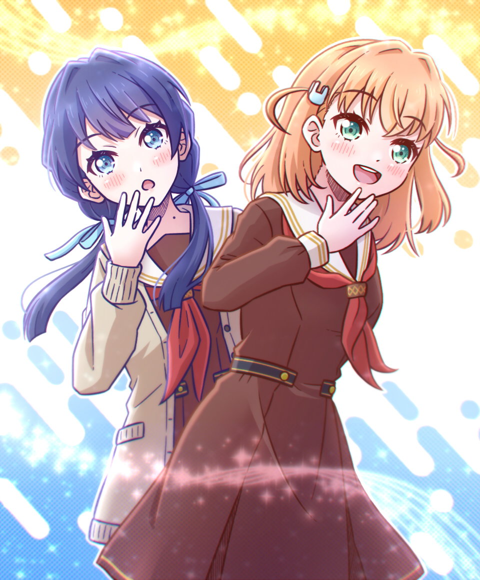 2girls akihitohappy aqua_eyes blue_hair hinoshita_kaho link!_like!_love_live! long_sleeves love_live! multiple_girls murano_sayaka open_mouth orange_hair smile twintails