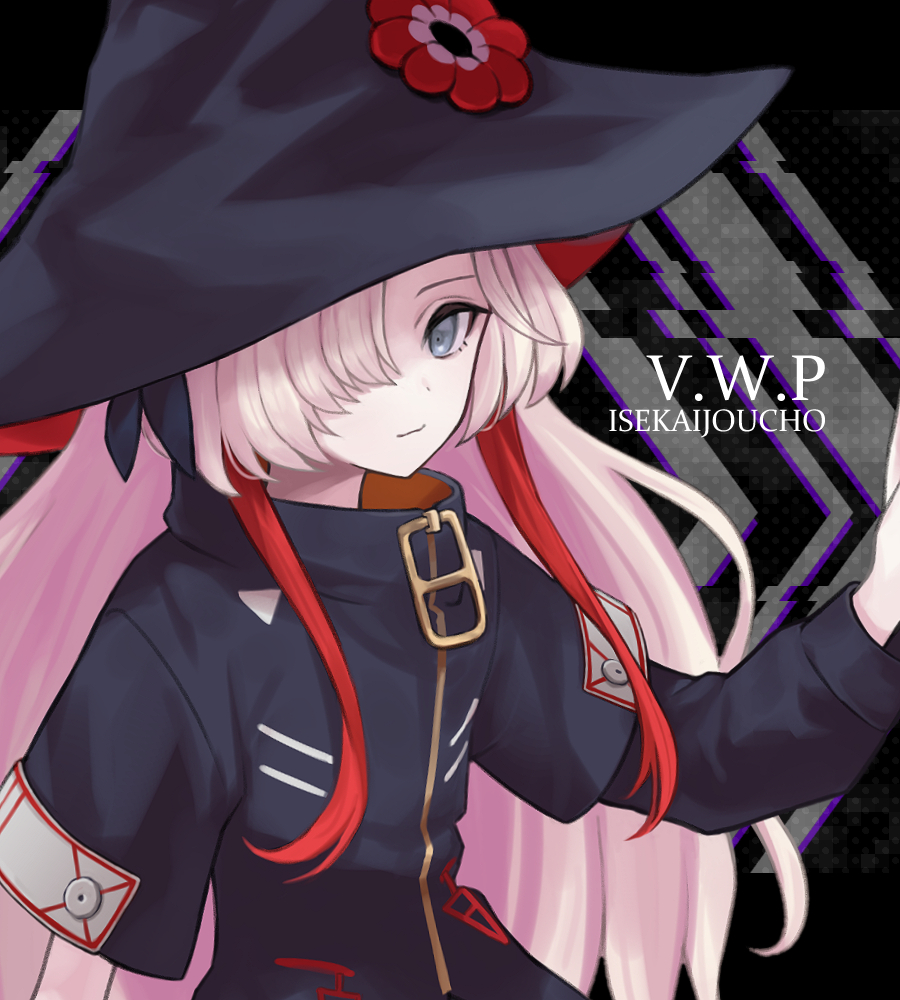 1girl asymmetrical_sleeves black_background black_coat black_ribbon character_name coat commentary_request flower flower_hat grey_eyes grey_hair group_name hair_ornament hair_over_one_eye hair_ribbon hand_up hat hat_flower histoire-ange isekaijoucho kamitsubaki_studio long_hair looking_at_viewer multicolored_hair outstretched_arm red_hair ribbon solo streaked_hair two-tone_hair uneven_sleeves upper_body very_long_hair virtual_youtuber witch_hat zipper_pull_tab