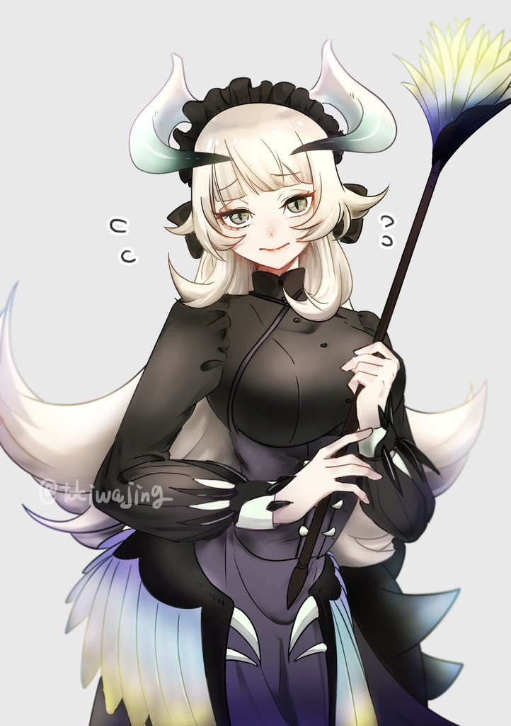 1girl artist_name black_dress blush breasts buttons chamber_dragonmaid closed_mouth cowboy_shot dragon_horns dragon_tail dragon_wings dress duel_monster duster feathered_wings frilled_hairband frills grey_eyes hair_ornament hairband holding holding_duster horns large_breasts long_dress long_hair looking_at_viewer maid maid_headdress simple_background smile solo sweatdrop tail tokiwajing white_background white_hair wings yu-gi-oh!