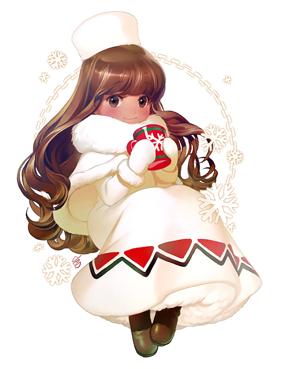 1girl bad_id bad_pixiv_id blunt_bangs blush brown_eyes brown_hair capelet cocoa_cookie cookie_run cup dark-skinned_female dark_skin dress female_focus full_body gloves hat long_hair looking_at_viewer mug oh_dbd smile snowflake_print snowflakes solo very_long_hair white_dress white_gloves