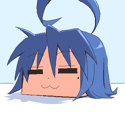 1girl :3 =_= ahoge balsamic_sauce blue_hair closed_mouth cube huge_ahoge izumi_konata lowres lucky_star mole mole_under_eye shadow solo