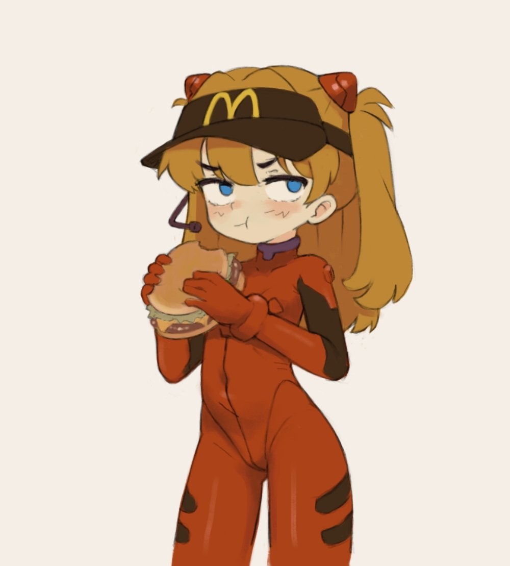 1girl blue_eyes bodysuit brown_hair burger closed_mouth commentary cowboy_shot eating english_commentary food furrowed_brow hair_between_eyes hair_ornament hands_up headset holding holding_burger holding_food interface_headset light_blush long_hair looking_to_the_side mcdonald&#039;s mecha_pilot_suit neon_genesis_evangelion no_pupils plugsuit qtkat red_bodysuit sidelocks simple_background solo souryuu_asuka_langley standing straight_hair two_side_up visor_cap white_background