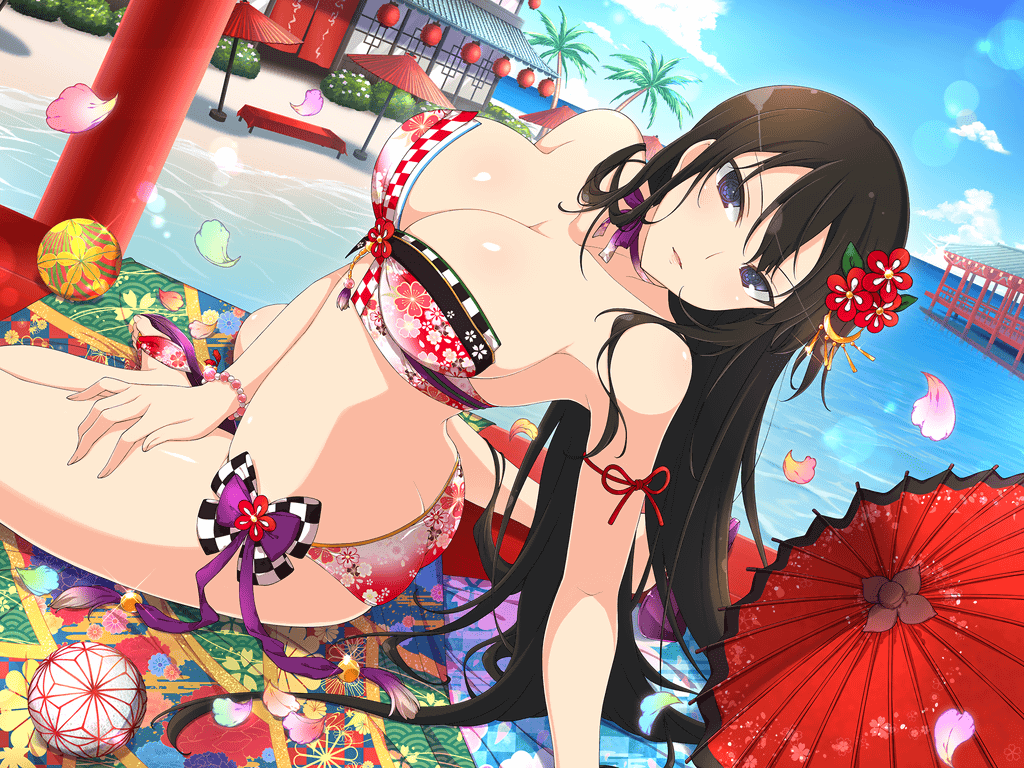 1girl arm_ribbon ass bikini black_hair breasts butt_crack day feet kagura_(senran_kagura) lantern large_breasts long_hair looking_at_viewer official_art oil-paper_umbrella open_mouth outdoors paper_lantern ribbon sandals senran_kagura senran_kagura_new_link side-tie_bikini_bottom sky solo swimsuit toes umbrella very_long_hair water yaegashi_nan