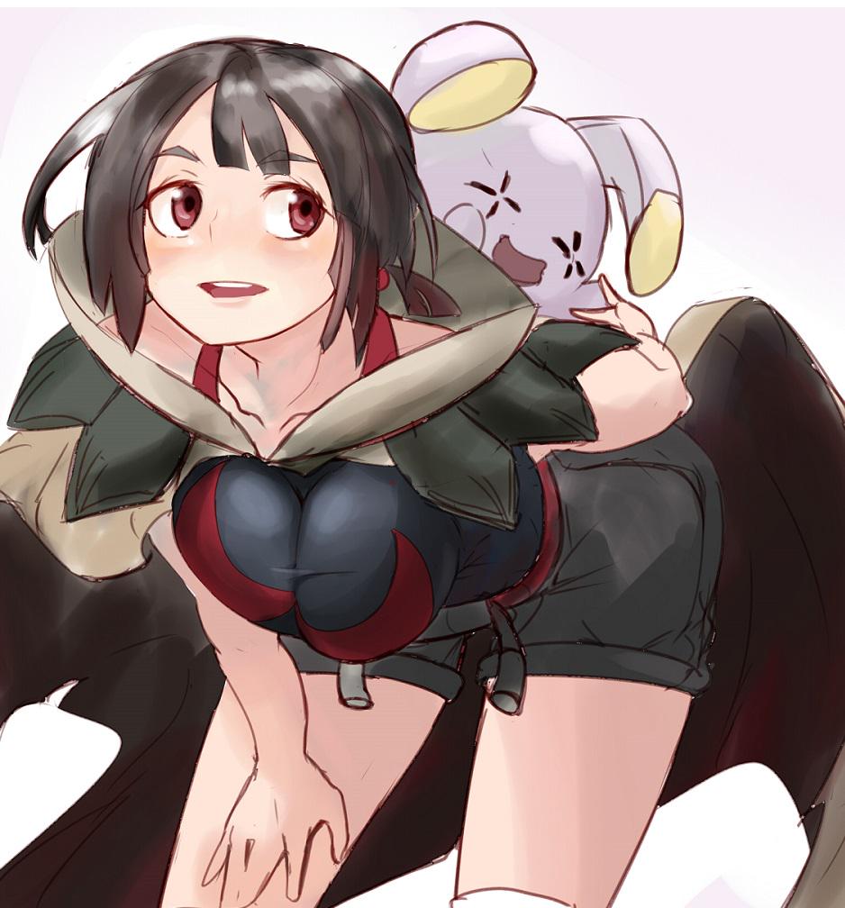 1girl black_hair breasts cloak commentary_request creatures_(company) game_freak gen_3_pokemon nintendo open_mouth pokemon pokemon_(creature) pokemon_oras red_eyes short_hair short_ponytail short_shorts shorts shousetsu simple_background thighhighs whismur zinnia_(pokemon)