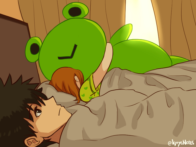 1boy 1girl 500_dollar_four_foot_tall_mareep_(meme) animal_print black_hair brown_hair commentary_request curtains frog_print gekota green_pajamas hugging_doll hugging_object indoors kamijou_touma kirie_kyrye lying medium_hair meme misaka_mikoto pajamas print_pajamas shared_blanket short_hair spiked_hair stuffed_animal stuffed_frog stuffed_toy toaru_kagaku_no_railgun toaru_majutsu_no_index twitter_username unamused under_covers