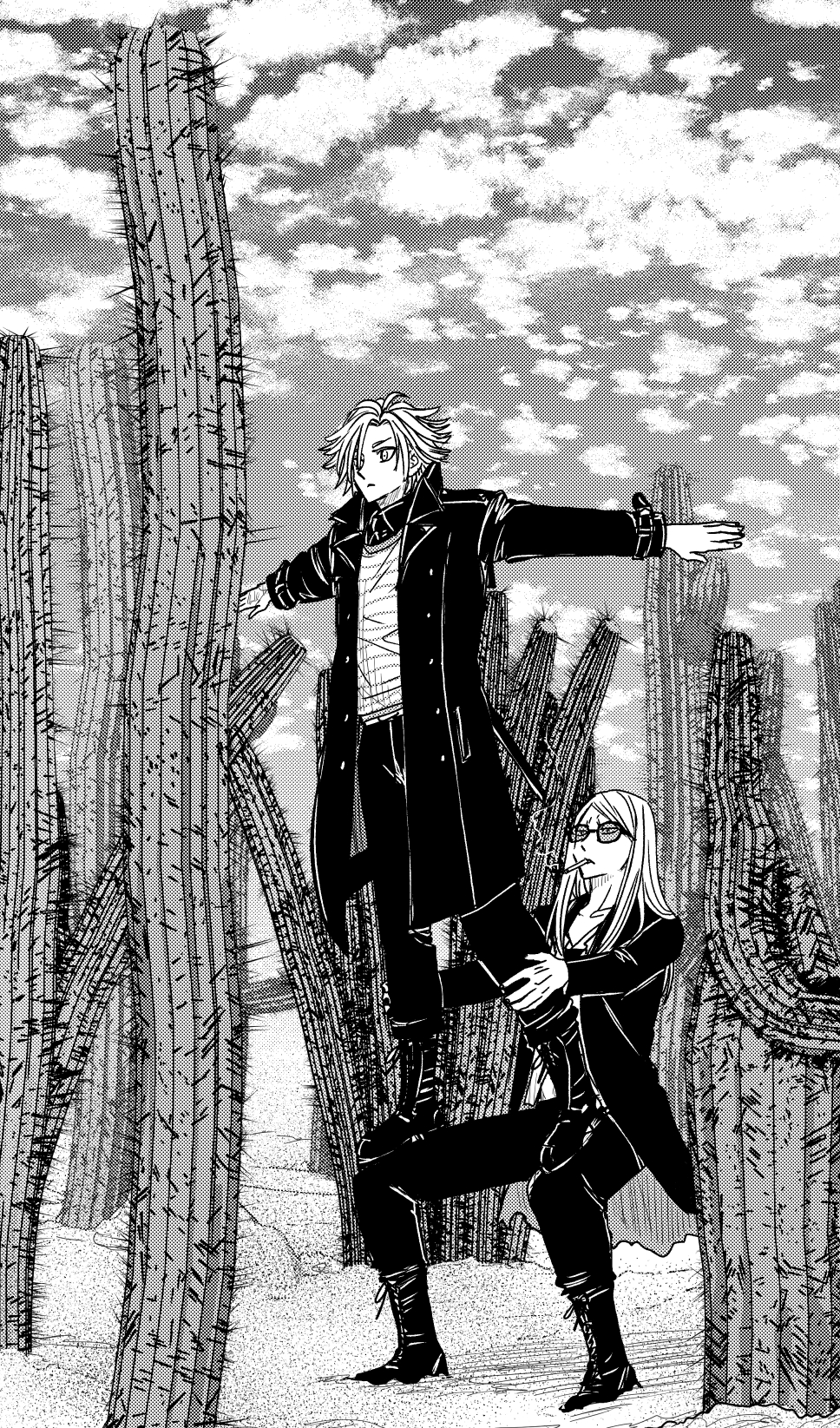 2boys cactus cigarette coat daybit_sem_void fate/grand_order fate_(series) flapper_shirt full_body greyscale highres jacket long_hair male_focus monochrome multiple_boys open_clothes outdoors outstretched_arms saboten_pose shirt short_hair spread_arms standing_on_person sunglasses tezcatlipoca_(fate) tinted_eyewear trench_coat wakkamaji