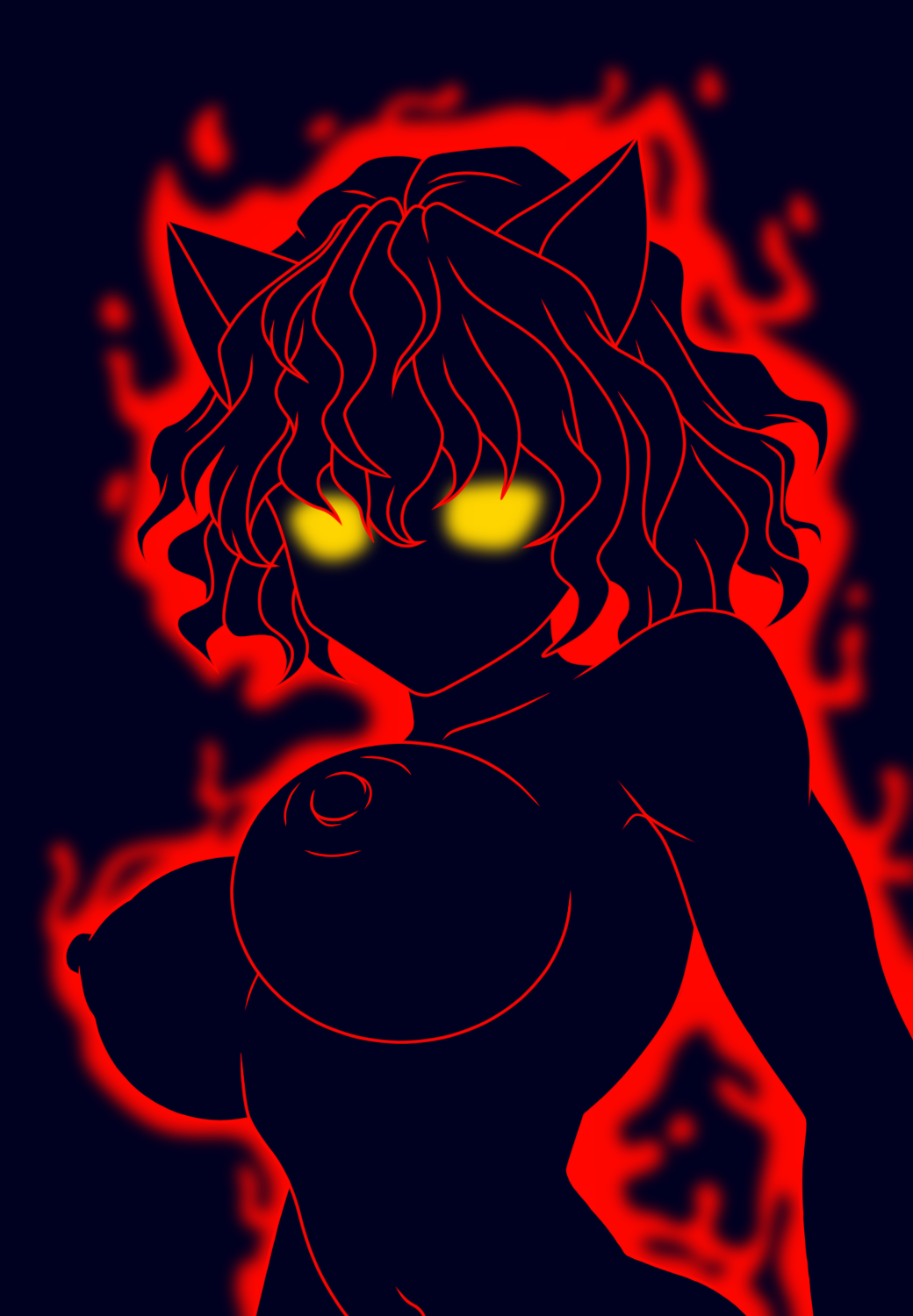 1girl aaron_broscli animal_ears breasts cat_ears female_focus glowing glowing_eyes highres hunter_x_hunter large_breasts neferpitou nipples shadowed short_hair yellow_eyes