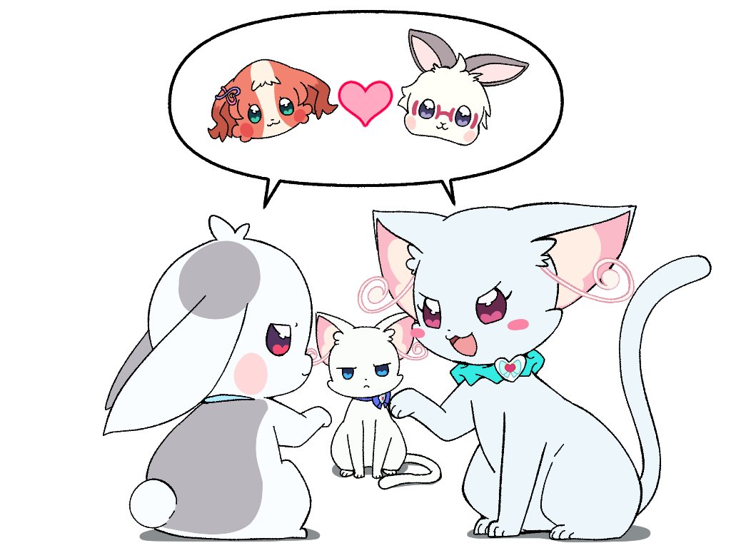 2boys 3girls @est@ animalization aqua_scrunchie blush_stickers cat check_commentary commentary commentary_request daifuku_(precure) heart multiple_boys multiple_girls neck_collar nekoyashiki_mayu_(cat)_(@est@) nekoyashiki_yuki nekoyashiki_yuki_(cat) precure rabbit scrunchie simple_background sitting smile talking toyama_satoru white_fur wonderful_precure!