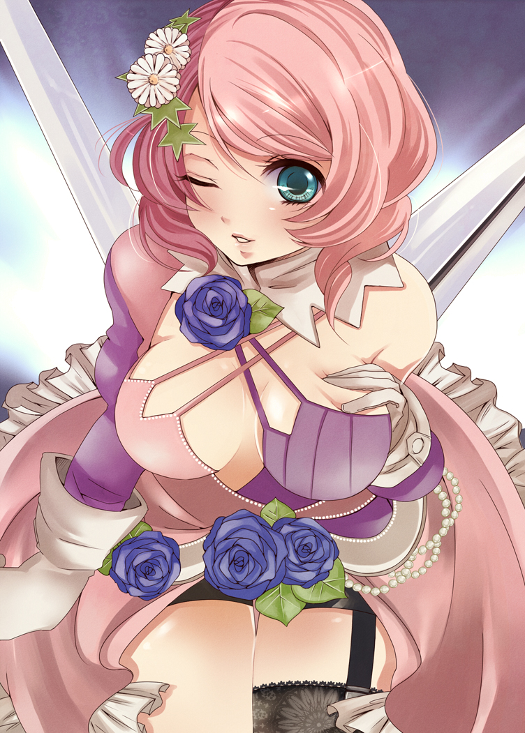 1girl alisa_boskonovich bad_id bad_pixiv_id bike_shorts blue_eyes blue_flower blue_rose breast_press breasts cleavage dress female_focus flower frills garter_belt gloves hair_flower hair_ornament large_breasts multicolored_hair namco one_eye_closed pink_hair red_hair rinko_(41r) rose skindentation smile solo split-color_hair tekken tekken_tag_tournament_2 two-tone_hair wink