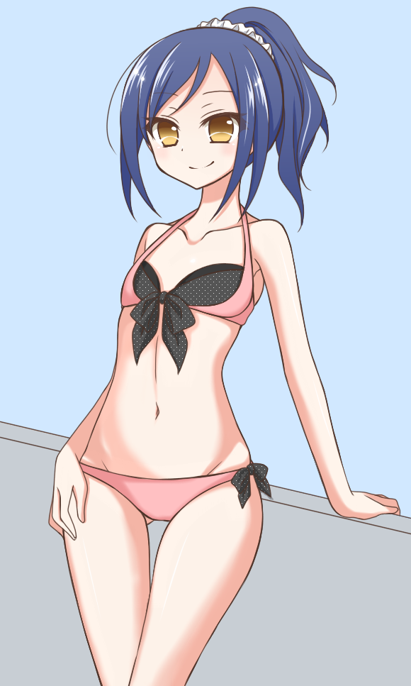 1girl arm_support bikini blue_hair brown_eyes female_focus front-tie_top iwadate_yuan leaning long_hair pink_bikini ponytail saki_(manga) scrunchie side-tie_bikini_bottom smile solo sou_(mgn) standing swimsuit thigh_gap