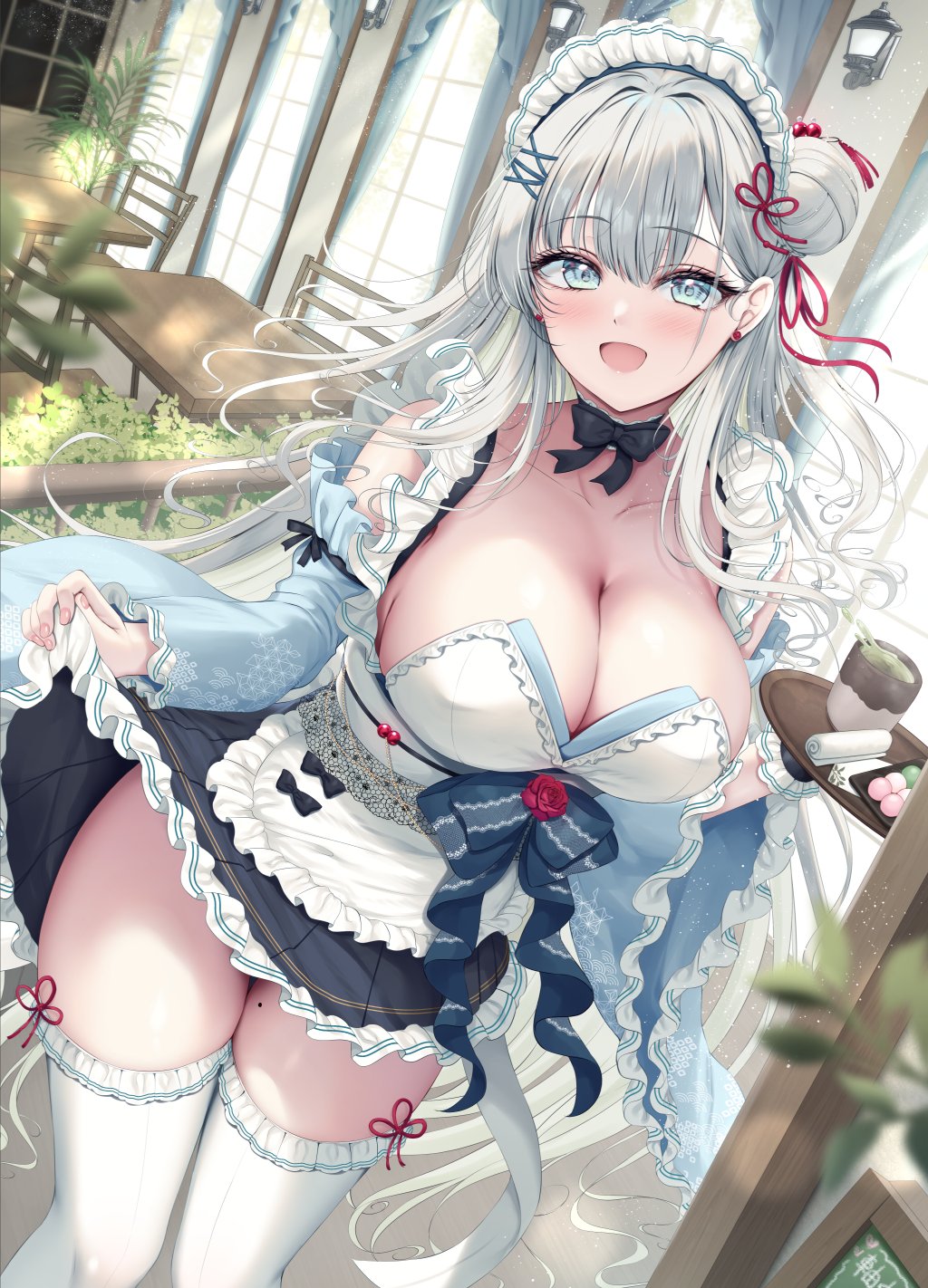 1girl black_dress blush breasts cleavage collarbone commentary_request dango detached_sleeves dress food frilled_dress frilled_sleeves frills grey_eyes grey_hair hair_bun hair_intakes hair_ornament hair_ribbon highres large_breasts long_hair looking_at_viewer maid_headdress mole mole_on_thigh open_mouth original ribbon single_hair_bun skirt_hold smile solo thighhighs thighs tomoo_(tomo) wagashi white_headdress white_thighhighs x_hair_ornament