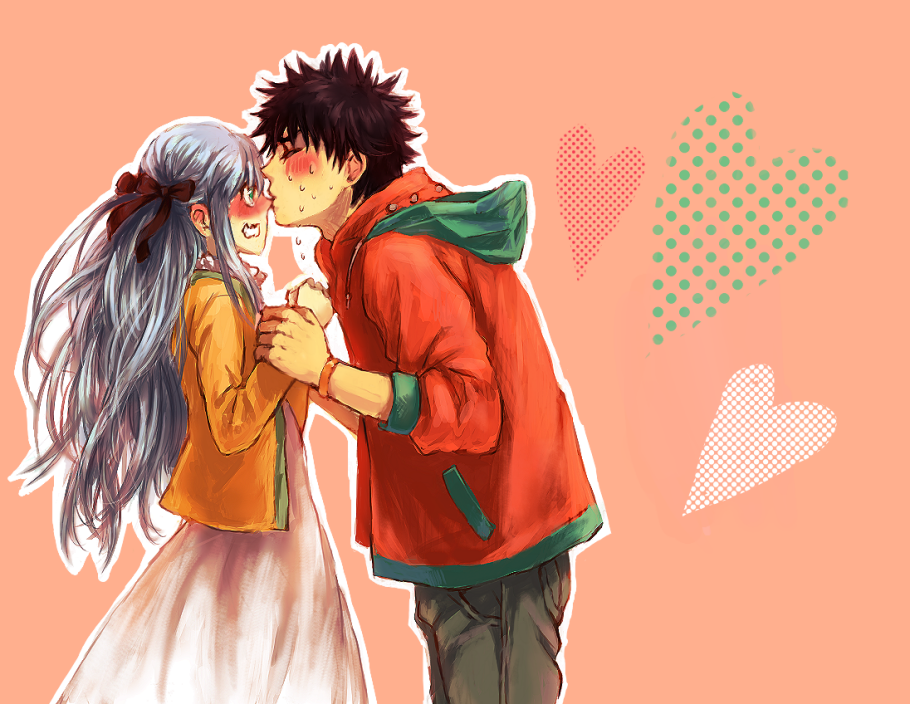 1boy 1girl bad_id bad_pixiv_id black_hair blush dress closed_eyes green_eyes hair_ribbon imminent_kiss index_(toaru_majutsu_no_index) jacket kamijou_touma kiss_on_nose mizna ribbon silver_hair spiked_hair sweat toaru_majutsu_no_index