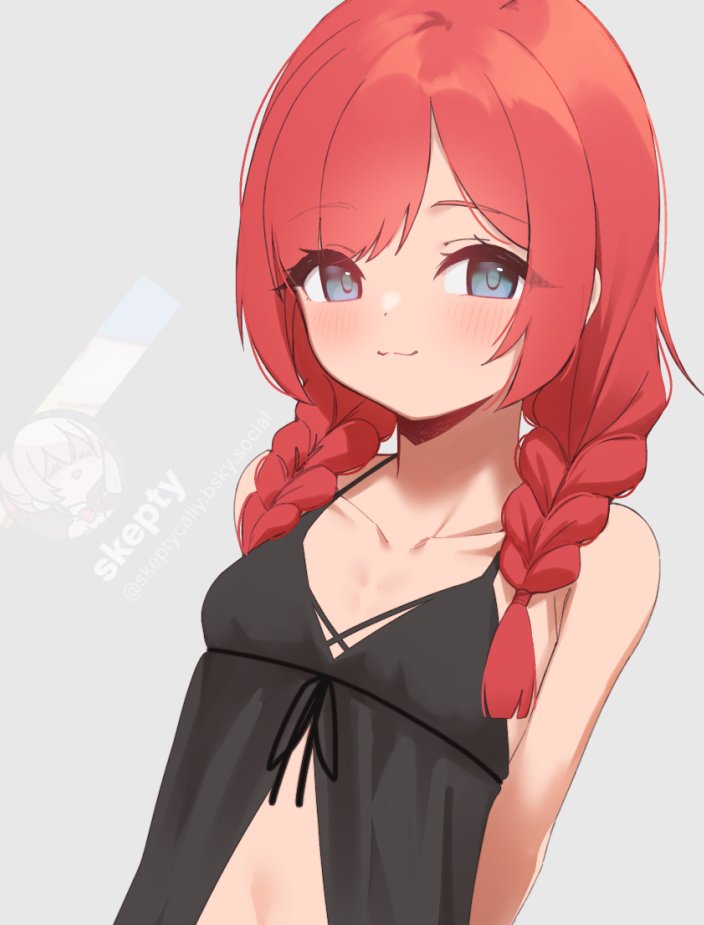 1girl babydoll bare_arms bare_shoulders blue_eyes bluesky blush braid breasts closed_mouth collarbone hair_over_shoulder long_hair looking_at_viewer low_twintails original red_hair skeptycally small_breasts smile solo twin_braids twintails underwear underwear_only upper_body