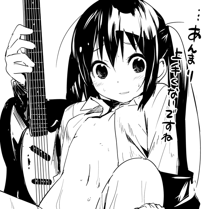 1girl aftersex face female_focus greyscale guitar instrument k-on! long_hair monochrome nakano_azusa navel no_bra open_clothes open_shirt out-of-frame_censoring panties panties_around_leg shirt solo spread_legs sweat translated twintails underwear watarai_keiji