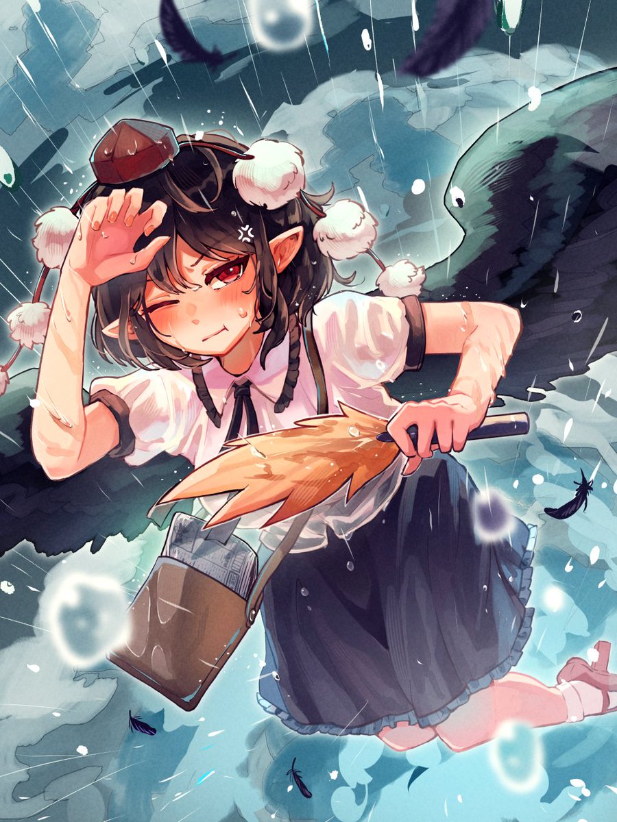 1girl anger_vein bag bird_wings black_hair black_ribbon black_skirt black_wings bobby_socks collared_shirt commentary_request feathered_wings frilled_skirt frills from_above geta hand_fan hat hauchiwa highres holding holding_fan medium_skirt messenger_bag neck_ribbon nekotsuki newspaper one_eye_closed outdoors pointy_ears pom_pom_(clothes) rain red_eyes red_footwear red_hat ribbon shameimaru_aya shirt short_hair shoulder_bag skirt socks solo tengu-geta tokin_hat touhou wet wet_clothes white_shirt white_socks wings