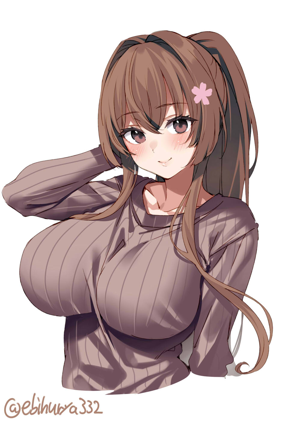 1girl blush breasts brown_eyes brown_hair brown_sweater closed_mouth collarbone ebifurya flower hair_between_eyes hair_flower hair_intakes hair_ornament highres kantai_collection large_breasts long_hair long_sleeves looking_at_viewer one-hour_drawing_challenge ponytail ribbed_sweater simple_background smile solo sweater twitter_username upper_body very_long_hair white_background yamato_(kancolle) yamato_(spring_mode)_(kancolle)