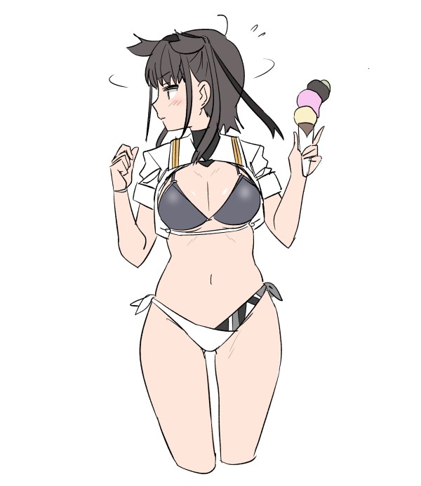 1girl bikini black_hair commentary_request cropped_jacket food fusion hair_flaps hatsuzuki_(kancolle) hatsuzuki_kai_ni_(kancolle) heian_maru_(kancolle) heian_maru_(swimsuit_mode)_(kancolle) ice_cream kantai_collection looking_to_the_side mismatched_bikini shirt short_sleeves shrug_(clothing) simple_background solo swimsuit tamu_(mad_works) white_background white_shirt