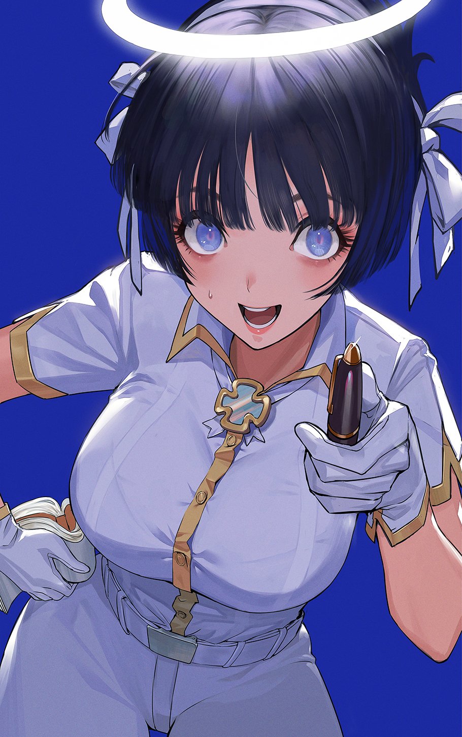 1girl azazel_(helltaker) belt black_hair blue_background blue_eyes blush breasts commentary ekao gloves hair_ribbon halo hand_on_own_hip helltaker highres holding holding_pen large_breasts leaning_forward looking_at_viewer lower_teeth_only open_mouth pants pen ribbon shirt short_hair short_sleeves simple_background smile solo sweatdrop teeth upper_teeth_only white_gloves white_ribbon white_shirt