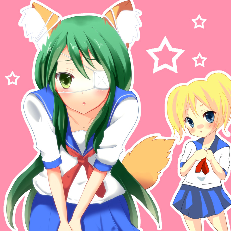 animal_ears bad_id bad_pixiv_id blush eyepatch fox_ears hoshino_yachiho kyuruten noberuge school_uniform surumeika watanabe_miki