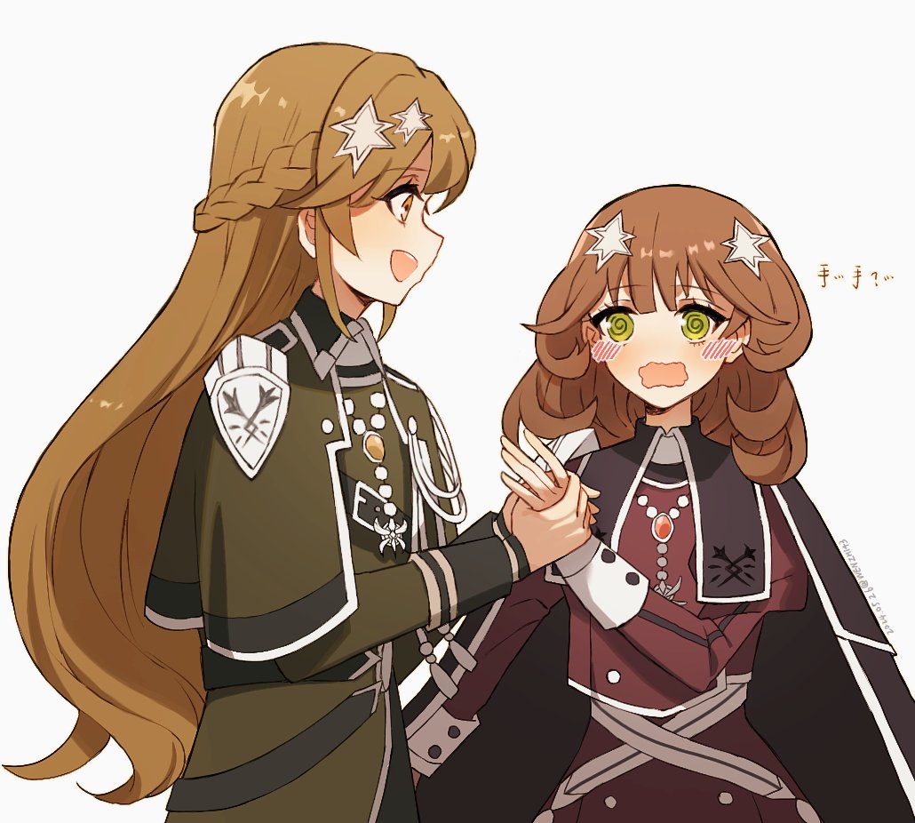 2girls blush braid brown_eyes brown_hair cape duel_monster embarrassed exosister_elis exosister_martha green_eyes hair_ornament holding_hands long_hair looking_at_another military_uniform multiple_girls open_mouth simple_background smile star_(symbol) star_hair_ornament wavy_mouth wen_zhi_(717256) white_background yu-gi-oh! yuri