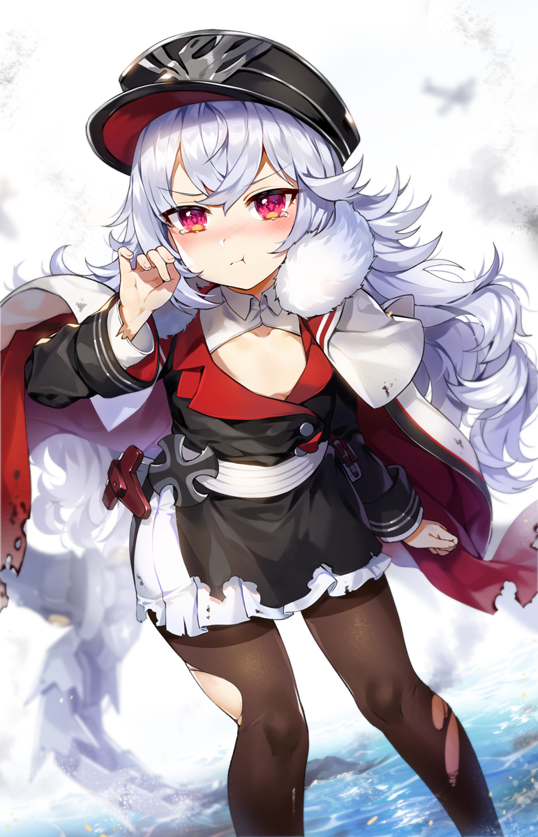 1girl azur_lane black_hat black_pantyhose blush cape coat collarbone commentary_request cross crossed_bangs flat_chest fur-trimmed_coat fur_trim gijang hair_between_eyes hand_on_own_face hand_up hat highres iron_cross long_hair long_sleeves looking_at_viewer messy_hair military_hat nose_blush outdoors pantyhose peaked_cap pleated_skirt pout red_eyes rigging sidelocks silver_hair skirt solo standing tears thighband_pantyhose torn_clothes torn_pantyhose tsurime v-shaped_eyebrows very_long_hair water white_skirt zeppy_(azur_lane)