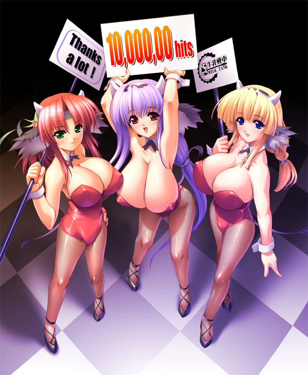 3girls animal_ears bare_shoulders blonde_hair blue_eyes blush breasts cleavage cow_ears cow_girl cow_horns cow_tail female_focus green_eyes gunner-l high_heels milestone_celebration horns huge_breasts long_hair multiple_girls pantyhose purple_hair red_eyes red_hair shoes smile tagme tail