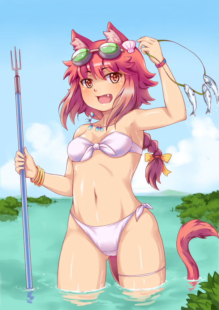 1girl amashoku_jirou animal_ears bad_id bad_pixiv_id bikini braid cat_ears fang female_focus fish harpoon long_hair orange_eyes original red_hair solo swimsuit tail water