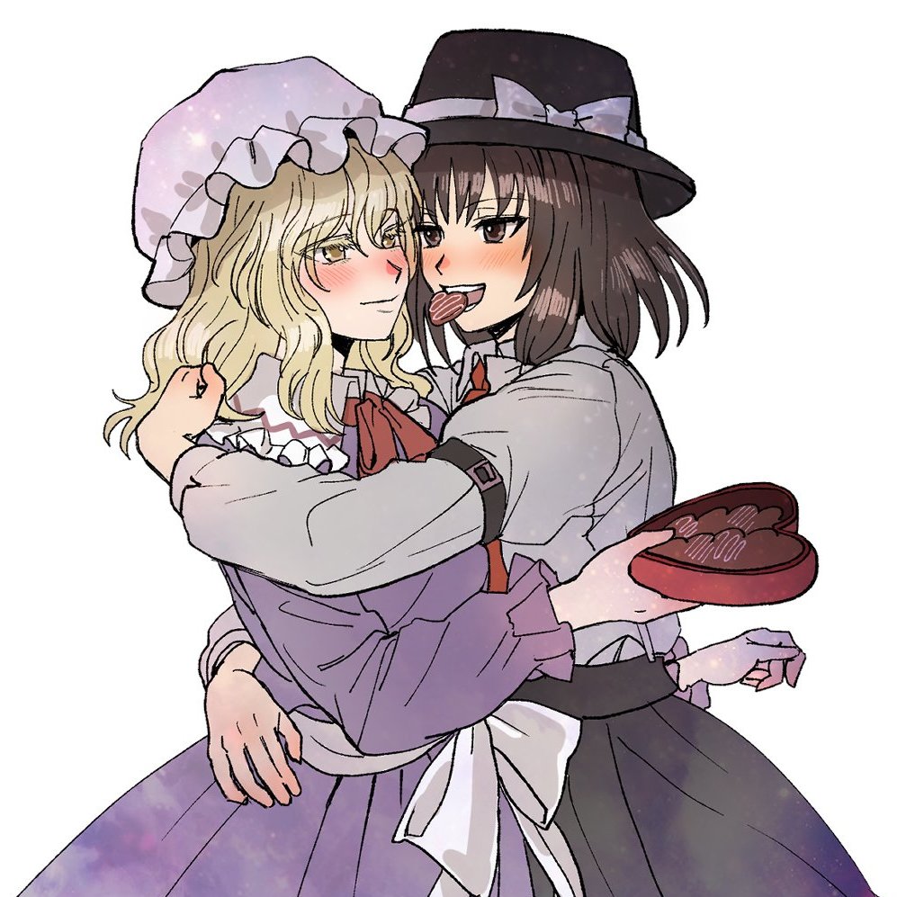 2girls black_hat black_skirt blonde_hair blush box breasts brown_eyes brown_hair candy chocolate chocolate_heart collared_shirt commentary_request cowboy_shot dress fedora food hand_on_another&#039;s_hip hand_on_another&#039;s_shoulder happy hat heart heart-shaped_box heart-shaped_food hug juliet_sleeves kuya_(hey36253625) long_sleeves looking_at_another maribel_hearn medium_breasts mob_cap mouth_hold multiple_girls neck_ribbon necktie puffy_sleeves purple_dress red_necktie red_ribbon ribbon sash shirt simple_background skirt sleeve_garter teeth touhou upper_teeth_only usami_renko valentine white_background white_hat white_sash white_shirt yellow_eyes