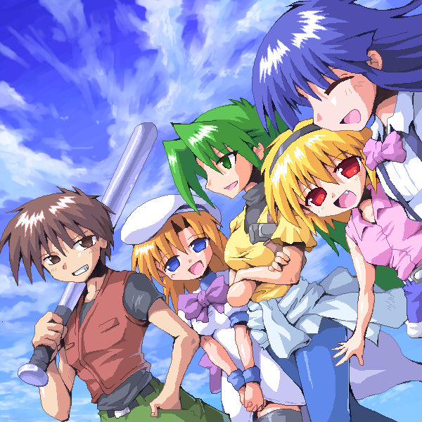 1boy 4girls baseball_bat beret blonde_hair blue_eyes blue_hair blue_sky bow brown_eyes brown_hair clothes_around_waist cloud crossed_arms day closed_eyes fang furude_rika green_hair gun hairband hand_in_pocket hat higurashi_no_naku_koro_ni holster houjou_satoko kurogarasu long_hair looking_at_viewer maebara_keiichi multiple_girls open_mouth red_eyes ryuuguu_rena school_uniform short_hair shoulder_holster sky sonozaki_mion suspenders sweater sweater_around_waist thighhighs weapon